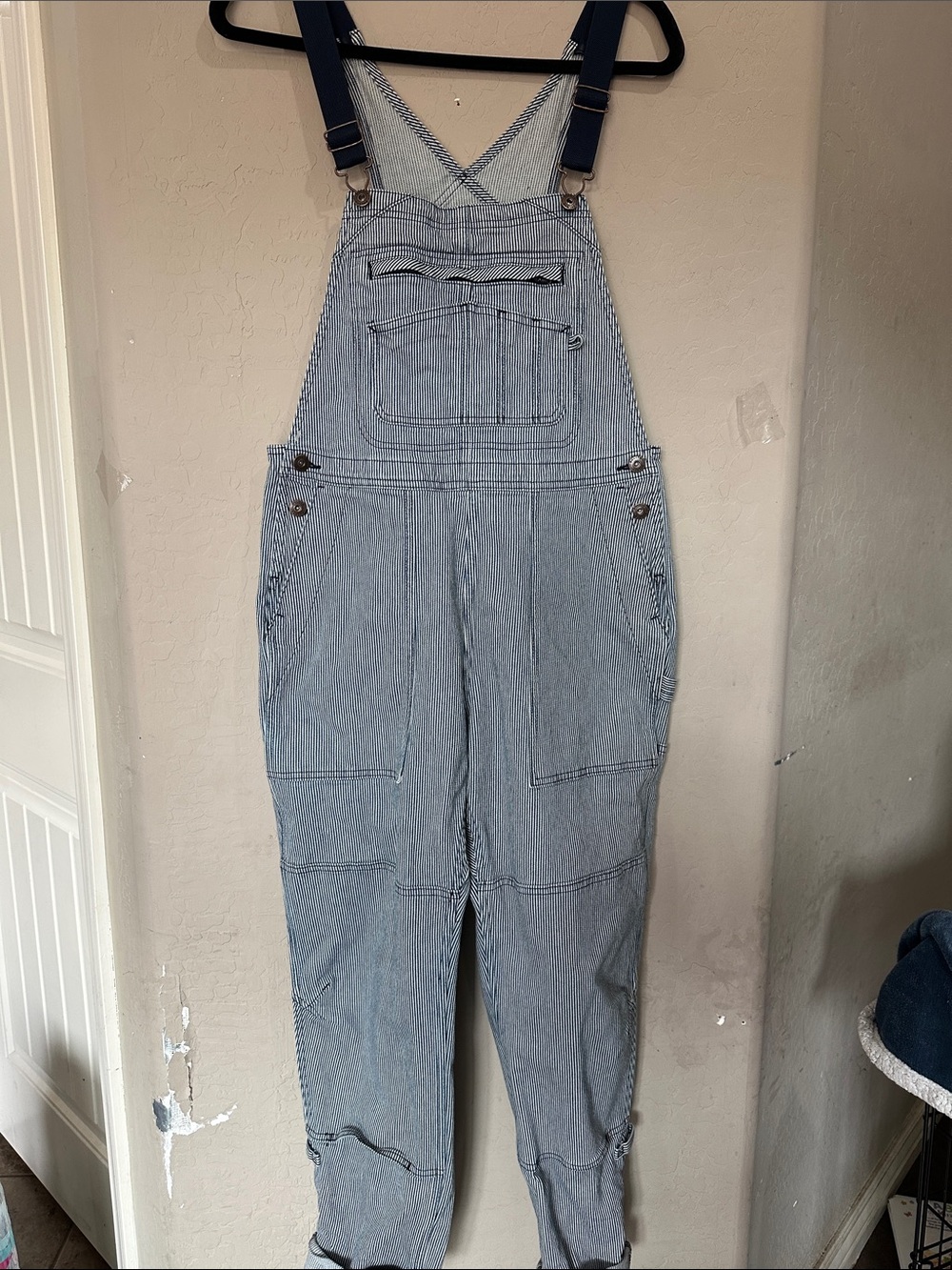 Duluth Trading Co Light Blue Striped Denim Overalls with Navy Straps